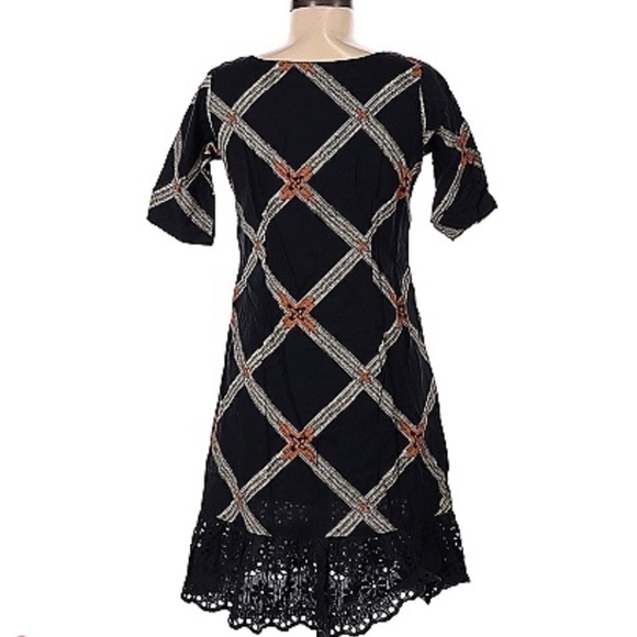 Bombay Paisley cotton linen lace hem short sleeved shift dress M - Picture 2 of 10